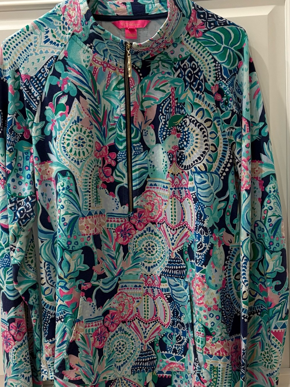 Lilly Pulitzer Navy, Teal & Pink Zip-Front Mock Neck Pullover